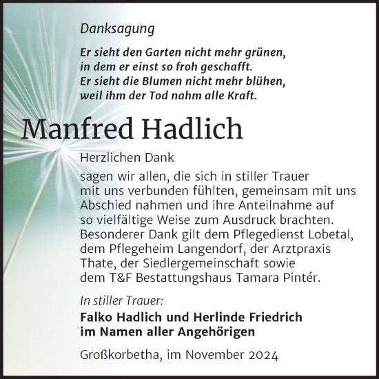 Traueranzeige von Manfred Hadlich von Trauerkombi Weißenfels