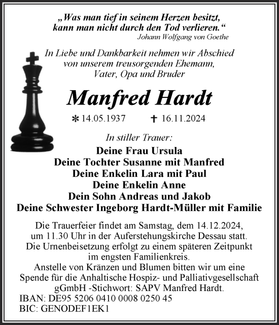 Traueranzeige von Manfred Hardt von Trauerkombi Dessau