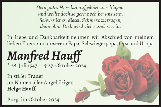 Traueranzeige von Manfred Hauff von Volksstimme Burg/Genthin