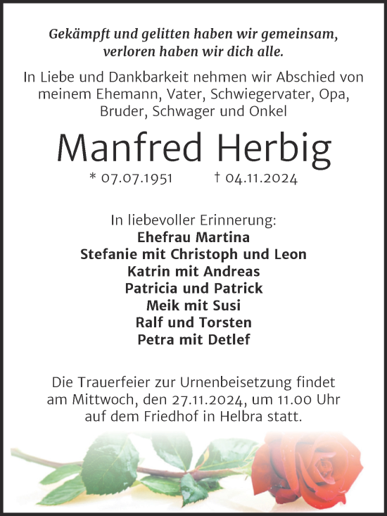 Traueranzeige von Manfred Herbig von Mitteldeutsche Zeitung Mansfelder Land