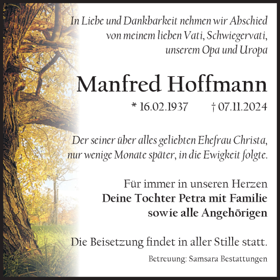Traueranzeige von Manfred Hoffmann von Volksstimme Magdeburg