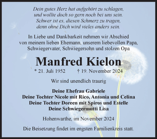Traueranzeige von Manfred Kielon von Volksstimme Burg/Genthin