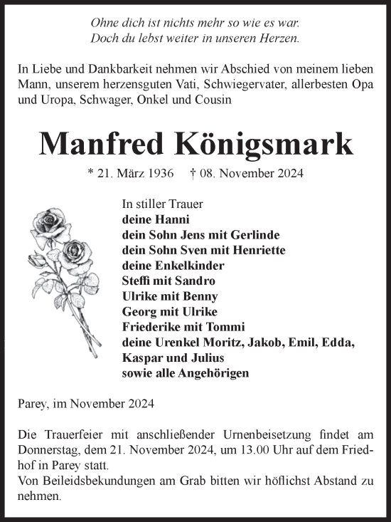 Traueranzeige von Manfred Königsmark von Volksstimme Burg/Genthin