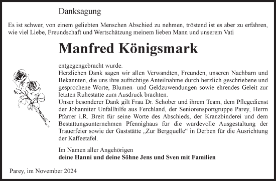 Traueranzeige von Manfred Königsmark von Volksstimme Burg/Genthin