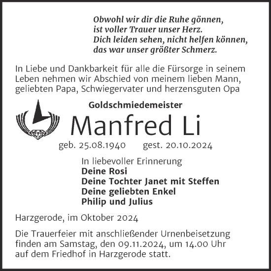 Traueranzeige von Manfred Li von Mitteldeutsche Zeitung Quedlingburg