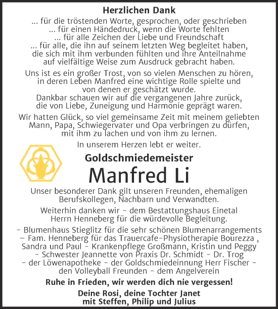 Traueranzeige von Manfred Li von Super Sonntag Quedlingburg