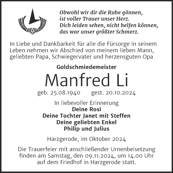 Traueranzeige von Manfred Li von Super Sonntag Quedlingburg