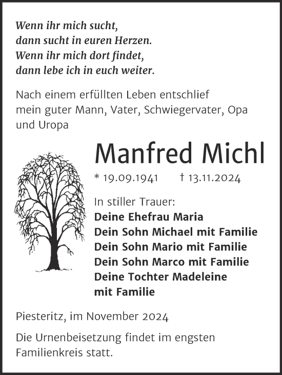 Traueranzeige von Manfred Michl von Trauerkombi Wittenberg