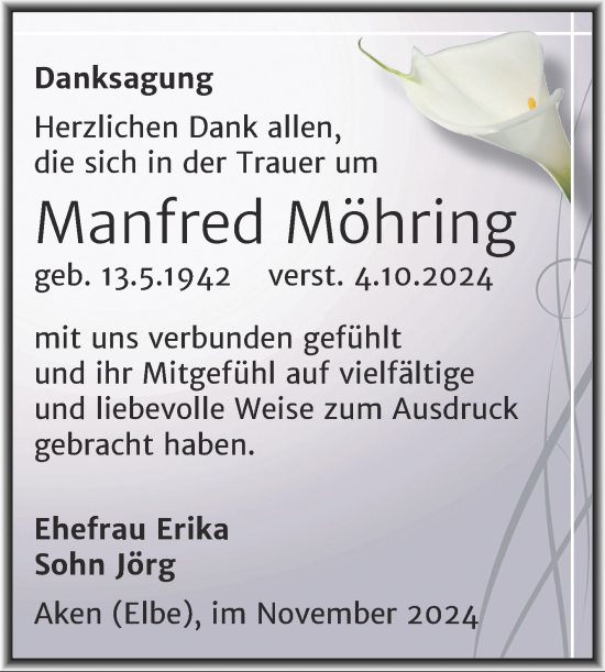 Traueranzeige von Manfred Möhring von Trauerkombi Köthen