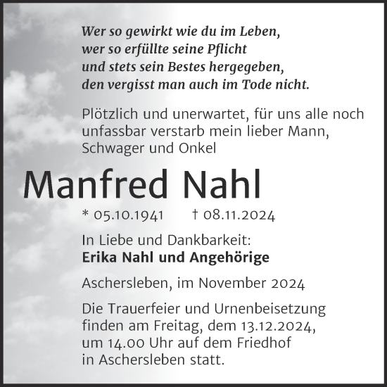 Traueranzeige von Manfred Nahl von Trauerkombi Aschersleben