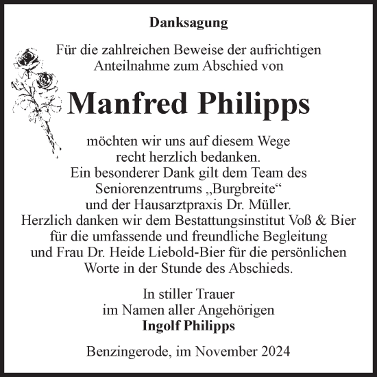 Traueranzeige von Manfred Philipps von Volksstimme Wernigerode