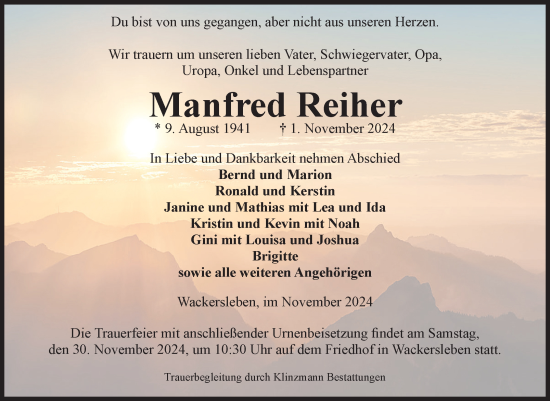 Traueranzeige von Manfred Reiher von Volksstimme Oschersleben/Wanzleben
