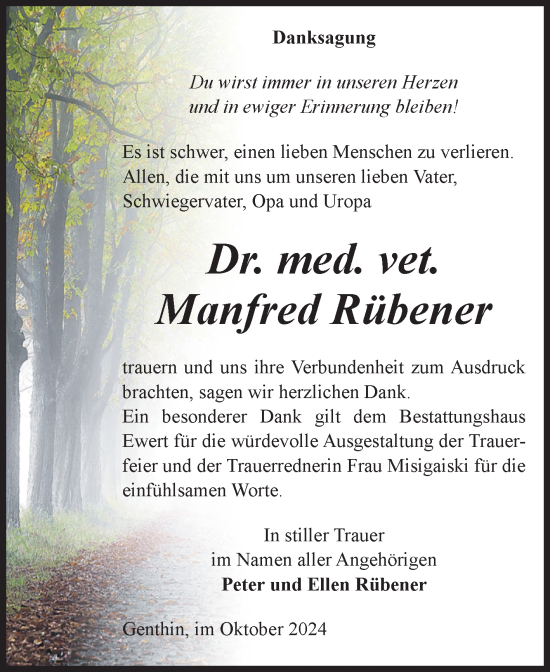 Traueranzeige von Manfred Rübener von Volksstimme Burg/Genthin