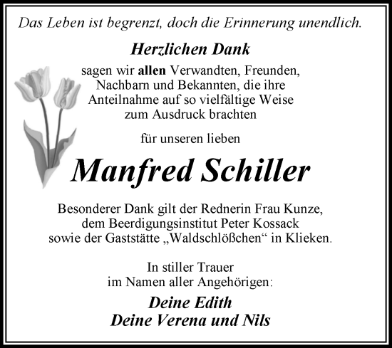 Traueranzeige von Manfred Schiller von Trauerkombi Wittenberg
