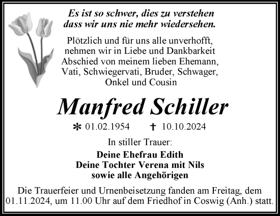 Traueranzeige von Manfred Schiller von Super Sonntag Wittenberg