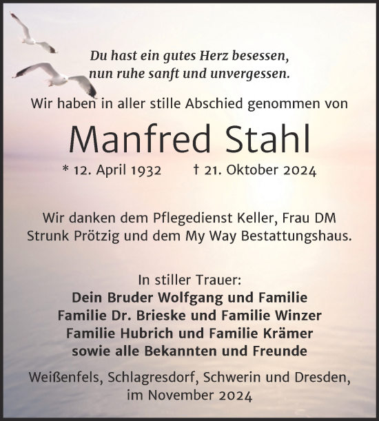 Traueranzeige von Manfred Stahl von Trauerkombi Weißenfels