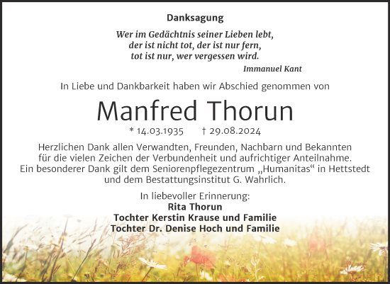 Traueranzeige von Manfred Thorun von Trauerkombi Mansfelder Land