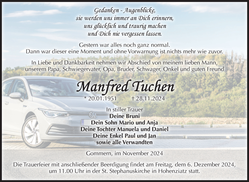  Traueranzeige für Manfred Tuchen vom 30.11.2024 aus Volksstimme Burg/Genthin