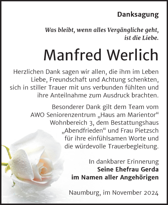 Traueranzeige von Manfred Werlich von Super Sonntag Naumburg/Nebra