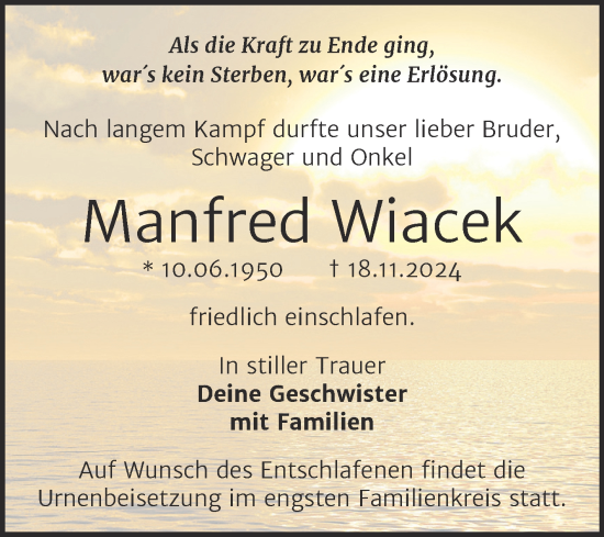 Traueranzeige von Manfred Wiacek von Trauerkombi Köthen