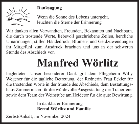 Traueranzeige von Manfred Wörlitz von Volksstimme Zerbst