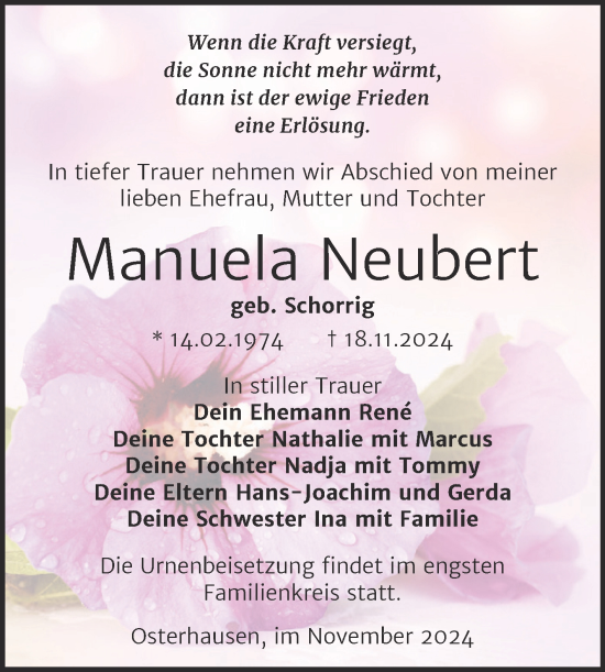 Traueranzeige von Manuela Neubert von Trauerkombi Mansfelder Land
