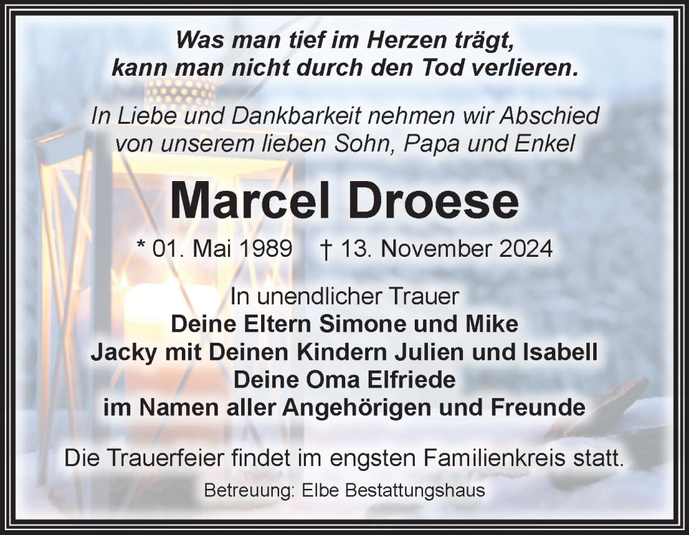  Traueranzeige für Marcel Droese vom 30.11.2024 aus Volksstimme Magdeburg