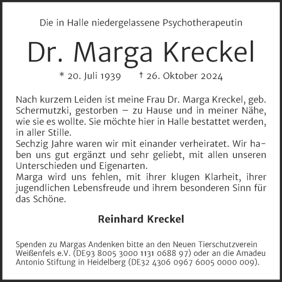 Traueranzeige von Marga Kreckel von Mitteldeutsche Zeitung Halle/Saalkreis