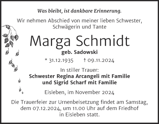 Traueranzeige von Marga Schmidt von Trauerkombi Mansfelder Land