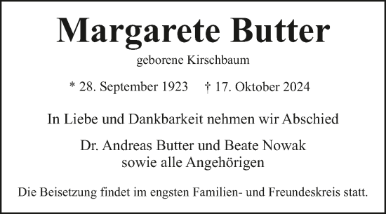 Traueranzeige von Margarete Butter von Trauerkombi Dessau
