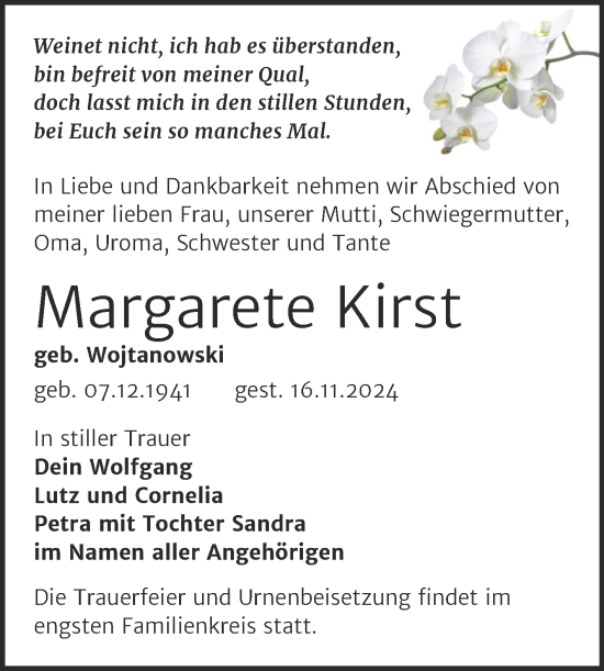 Traueranzeige von Margarete Kirst von Trauerkombi Sangerhausen