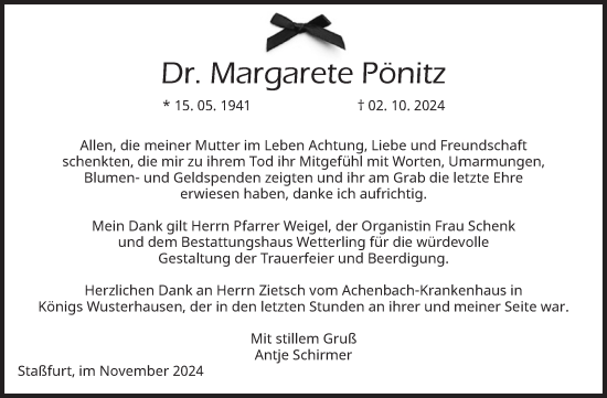 Traueranzeige von Margarete Pönitz von Volksstimme Staßfurt