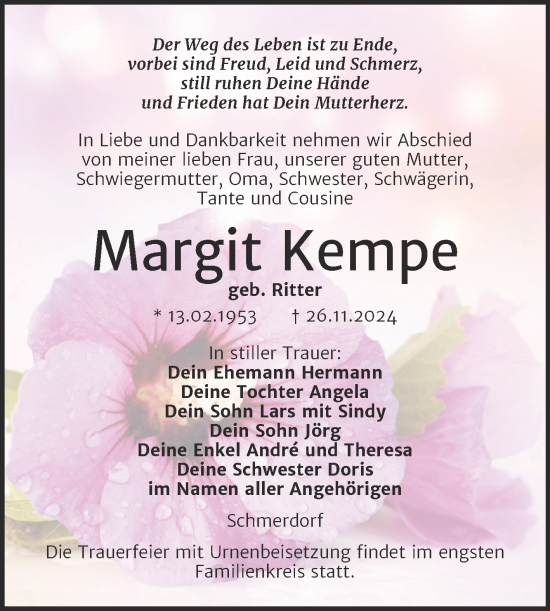 Traueranzeige von Margit Kempe von Naumburger Tageblatt
