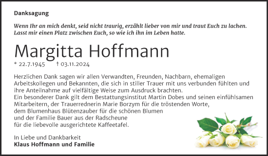 Traueranzeige von Margitta Hoffmann von Trauerkombi Bernburg