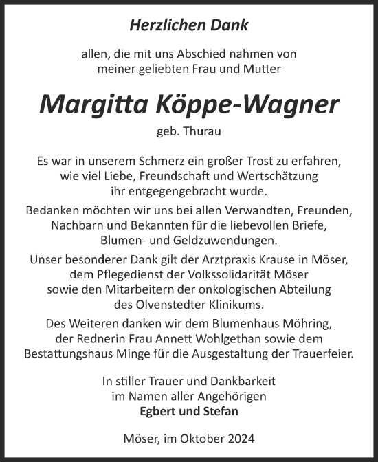 Traueranzeige von Margitta Köppe-Wagner von Volksstimme Burg/Genthin