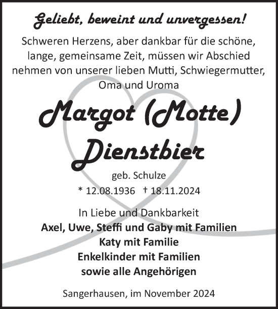 Traueranzeige von Margot Dienstbier von Trauerkombi Sangerhausen