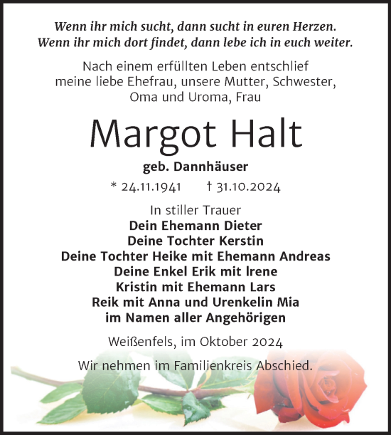 Traueranzeige von Margot Halt von Trauerkombi Weißenfels