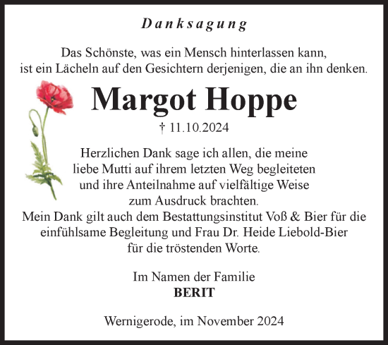 Traueranzeige von Margot Hoppe von Volksstimme Wernigerode
