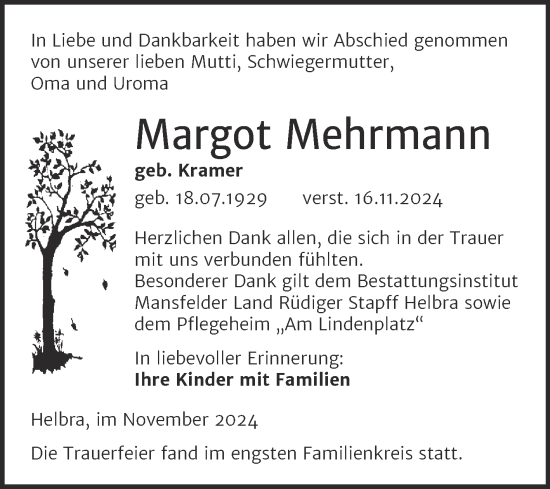 Traueranzeige von Margot Mehrmann von Trauerkombi Mansfelder Land