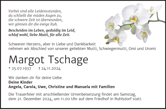 Traueranzeige von Margot Tschage von Trauerkombi Wittenberg