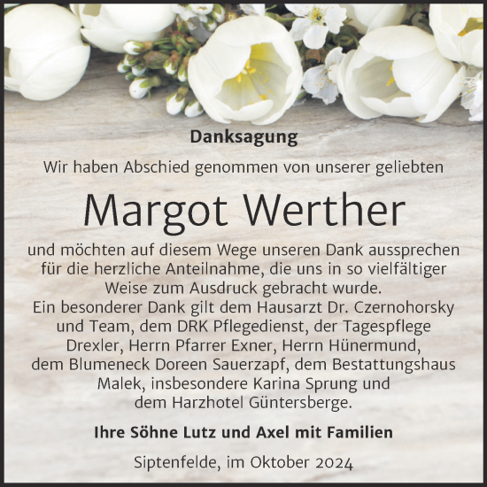 Traueranzeige von Margot Werther von Trauerkombi Quedlinburg