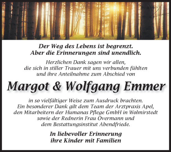 Traueranzeige von Margot und Wolfgang Emmer von Volksstimme Haldensleben/Wolmirstedt