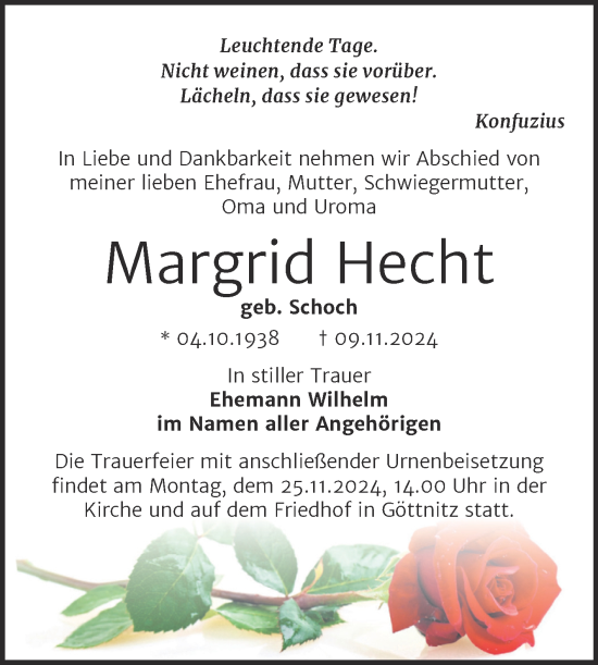 Traueranzeige von Margrid Hecht von Trauerkombi Bitterfeld