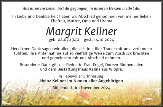 Traueranzeige von Margrit Kellner von Trauerkombi Mansfelder Land