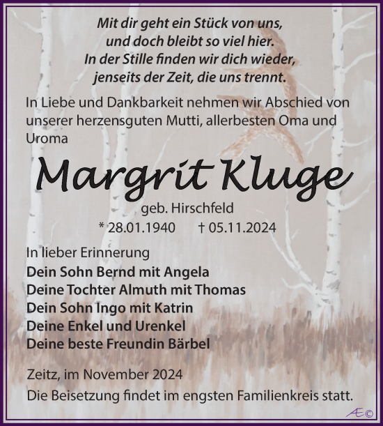 Traueranzeige von Margrit Kluge von Trauerkombi Zeitz