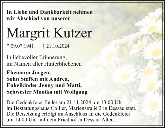 Traueranzeige von Margrit Kutzer von Trauerkombi Dessau