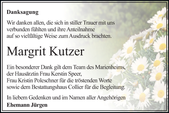 Traueranzeige von Margrit Kutzer von Trauerkombi Dessau