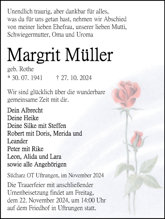 Traueranzeige von Margrit Müller von Trauerkombi Sangerhausen