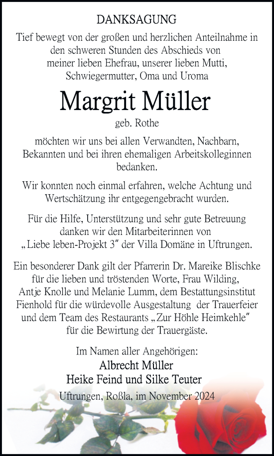 Traueranzeige von Margrit Müller von Trauerkombi Sangerhausen