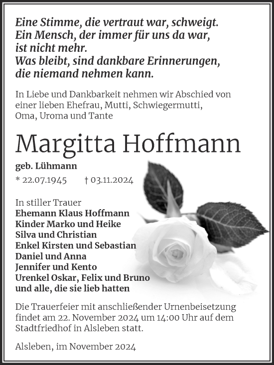 Traueranzeige von Margrtta Hoffmann von Trauerkombi Bernburg